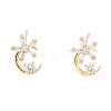 Moon with Flower Brass Micro Pave Cubic Zirconia Stud Earrings EJEW-Q800-24KCG-1