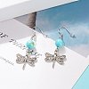 Round Natural Mashan Jade with Alloy Dragonfly Dangle Earrings EJEW-JE04855-05-2