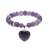 Natural Amethyst Round Beaded Stretch Bracelet with Heart Charm BJEW-JB09019-02-1
