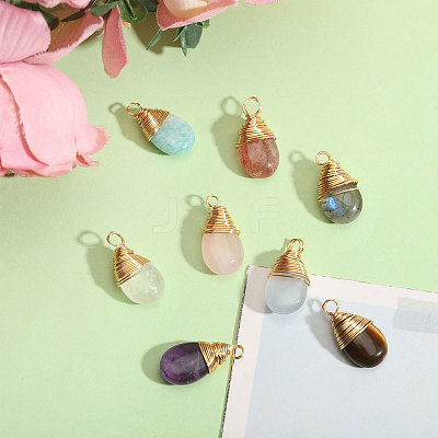 8Pcs 8 Styles Natural Mixed Stone Teardrop Pendants PALLOY-CA00031-1