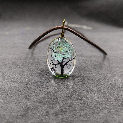 Alloy Wire Wrapped Oval Glass Inner Dried Flower Tree Pendant Waxed Cord Necklaces for Women FS-WG6B63C-02-1