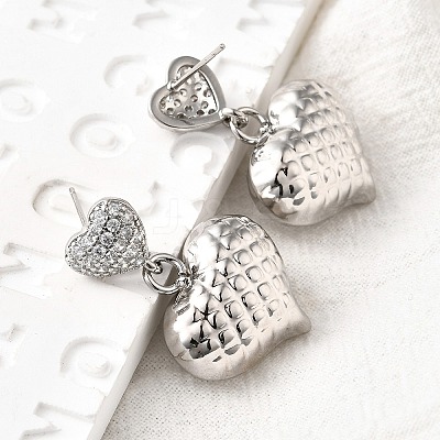 Textured Heart Brass Micro Pave Clear Cubic Zirconia Dangle Stud Earrings EJEW-Z099-02P-01-1
