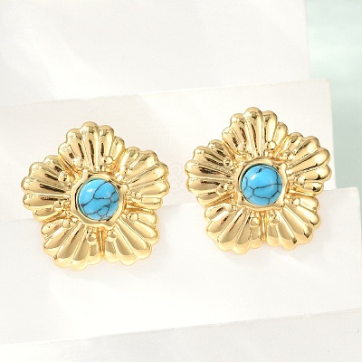 304 Stainless Steel Synthetic Turquoise Stud Earrings for Women EJEW-U046-15G-1