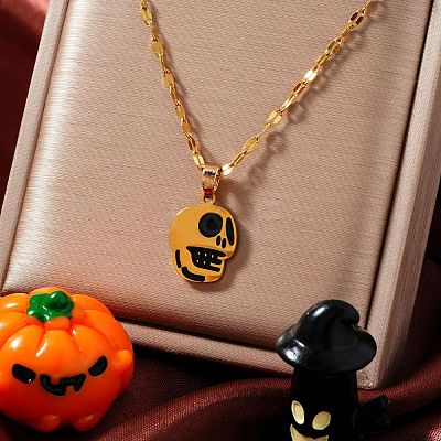 Stylish Halloween Skull 304 Stainless Steel Black Enamel Pendant Dapped Chain Necklaces IJ5988-1