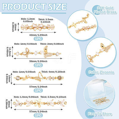 4Pcs 4 Styles Brass Pave Clear Cubic Zirconia Flower Butterfly Connector Charms KK-TA0008-72G-1