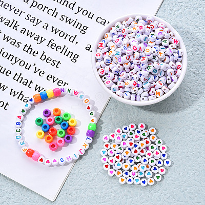 1 Bag 1200Pcs Opaque Acrylic Flat Round with Letter & Heart Beads DIY-YW0002-32-1