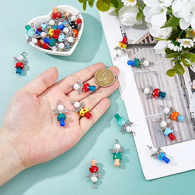 30Pcs 10 Colors Handmade Lampwork Beads with Glass Pearl Round Bead Pendants PALLOY-FH00165-1