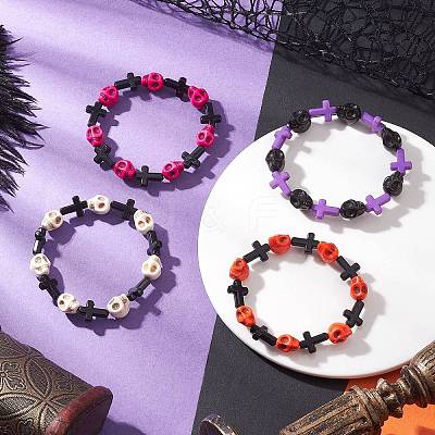 Halloween Cross & Skull Acrylic Bead Stretch Bracelets BJEW-JB12617-1