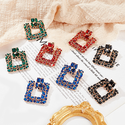4 Pairs 4 Colors Rhinestone Hollow Square Dangle Stud Earrings EJEW-AN0004-37-1