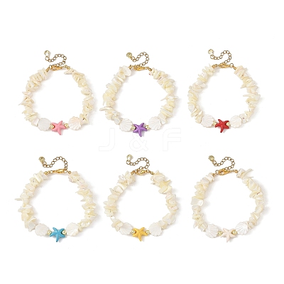 Ocean Dyed Synthetic Turquoise Starfish and Natural White Shell Chip Beaded Bracelets for Women BJEW-JB14282-1