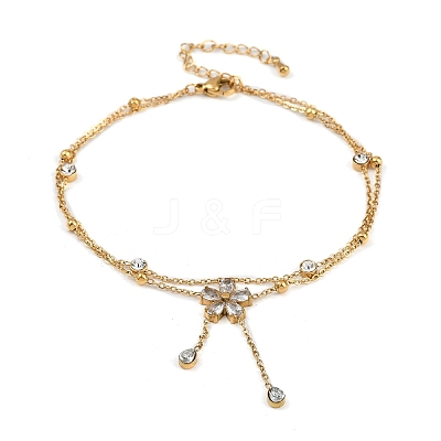 304 Stainless Steel Pave Clear Cubic Zirconia & Crystal Rhinestone Double Layer Flower Charm Anklets for Women AJEW-G069-02G-1