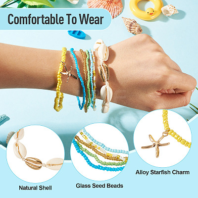 2 Bags Summer Beach Glass Seed Beaded & Natural Shell & Alloy Starfish Charm Anklet Sets AJEW-TA0003-69B-1