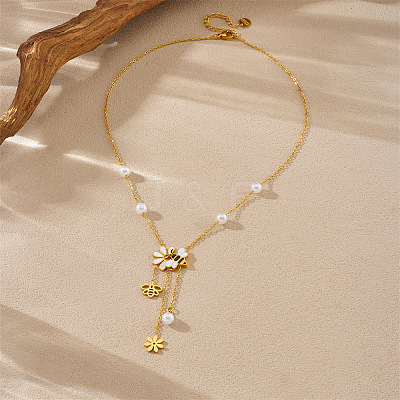 304 Stainless Steel White and Yellow Enamel with Plastic Pearl Bee Flower Tassel Pendant Necklaces for Women FS-WGCFE06-01-1