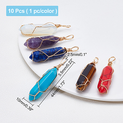 10Pcs 10 Colors Gemstone with Steel Wire Wrapped Pointed Pendants G-AR0004-03LG-1