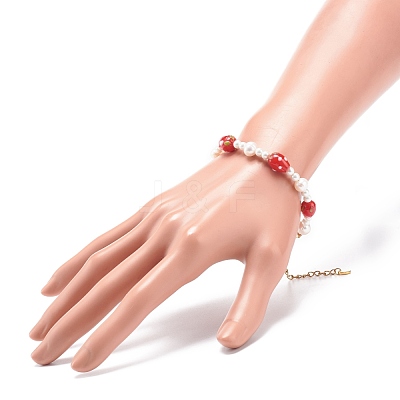 3D Lampwork Strawberry & Shell Pearl Beaded Bracelet for Women BJEW-TA00174-1