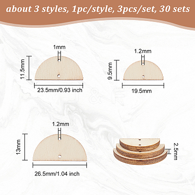 30 Sets 3 Sizes Undyed Wood Connector Charms WOOD-OC0002-94-1