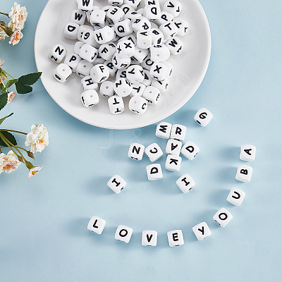 20Pcs White Cube Letter Silicone Beads 12x12x12mm Square Dice Alphabet Beads with 2mm Hole Spacer Loose Letter Beads for Bracelet Necklace Jewelry Making JX432T-1