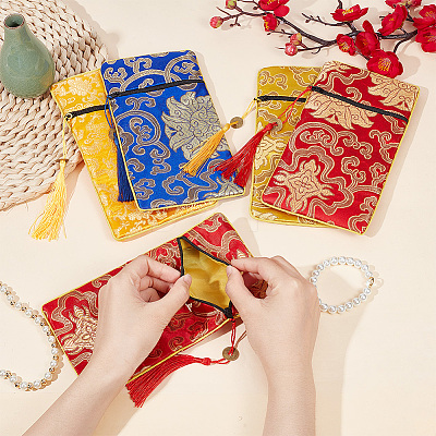 12Pcs 4 Colors Ethnic Style Brocade Sutra Book Zipper Pouch ABAG-NB0001-76-1