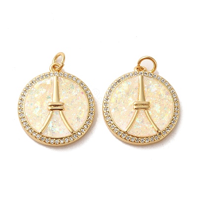 Flat Round with Peace sign & Tower Brass Micro Pave Cubic Zirconia with Synthetic Opal Pendants KK-D096-07A-G-1