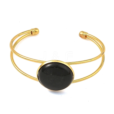 Natural Mixed Gemstone Flat Round Brass Hollow Cuff Bangles for Women BJEW-JB14330-02-1