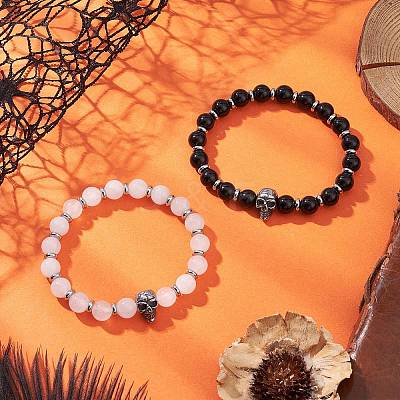 Natural Eyeless Obsidian and Malaysia Jade Stretch Bracelets BJEW-JB12184-1