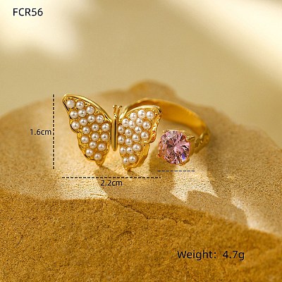 304 Stainless Steel Micro Pave Cubic Zirconia Open Cuff Rings for Women RJEW-S415-03G-05-1