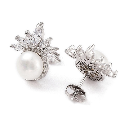 Anti-Tarnish Cubic Zirconia Flower with Natural Pearl Stud Earrings EJEW-F318-08P-1