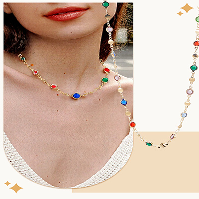 1Pc Brass & Alloy Colorful Glass Flat Round Link Chain Necklaces NJEW-LP0002-85G-1