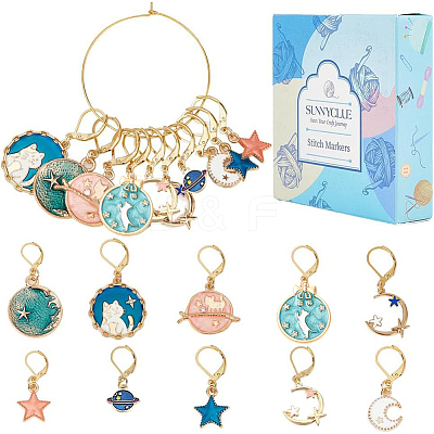 1 Set Universe Theme Alloy Enamel Star & Moon & Planet Charms Locking Stitch Markers HJEW-SC0001-35-1
