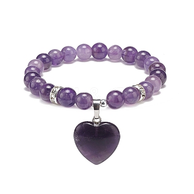 Natural Amethyst Round Beaded Stretch Bracelet with Heart Charm BJEW-JB09019-02-1