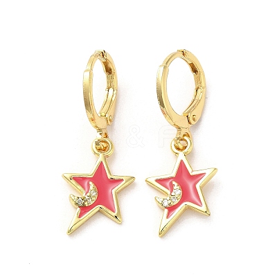 Star & Moon Real 18K Gold Plated Brass Dangle Leverback Earrings EJEW-L268-032G-02-1