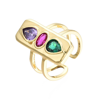 Cubic Zirconia Rectangle Open Cuff Ring RJEW-N037-015-03LG-1