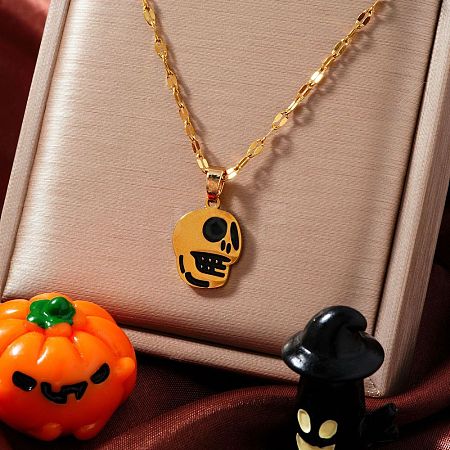 Stylish Halloween Skull 304 Stainless Steel Black Enamel Pendant Dapped Chain Necklaces IJ5988-1