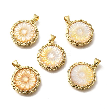 Brass Pave Natural Yellow Shell Carved Flower Pendants KK-Z091-02G-1