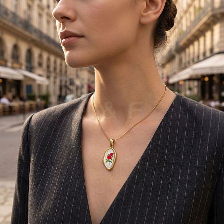 Flower Printed 304 Stainless Steel Geometric Pendant Necklaces for Women WG37CA3-01-1