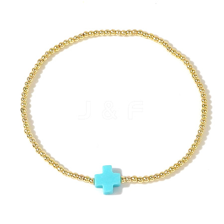 Cross Natural Gemstone & Brass Bead Stretch Bracelets for Women QE9707-6-1