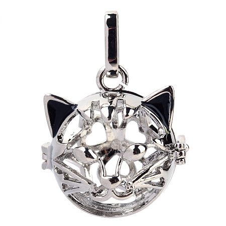 Rack Plating Brass Cage Hollow Kitten Pendants X-KK-S751-003P-1