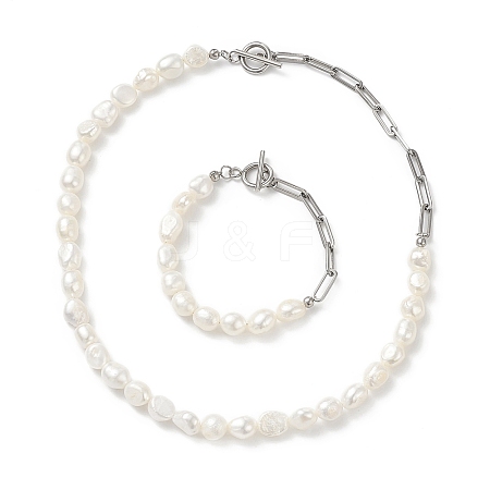 Natural Baroque Pearl Beaded Necklace & Bracelet with 304 Stainless Steel Paperclip Chains SJEW-JS01262-1