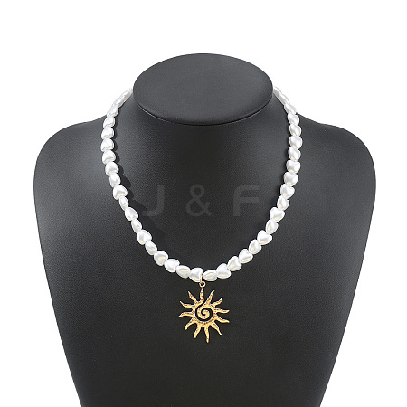 Alloy Textured Pendant White Plastic Pearl Heart Beaded Necklaces WGD8EA0-01-1
