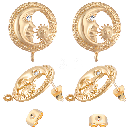 Beebeecraft 3 Pairs Brass Micro Pave Cubic Zirconia Moon with Flower Stud Earring Findings KK-BBC0007-96-1