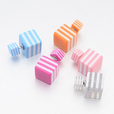 Chic Girl's Striped Resin Double Sided Cube Ear Studs EJEW-X0005-1