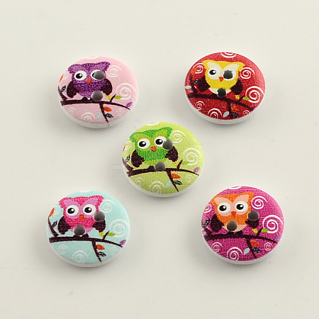 2-Hole Owl Pattern Printed Wooden Buttons BUTT-R031-080-1