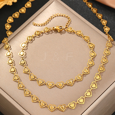 201 Stainless Steel Heart Link Bracelets & Chain Necklaces Sets FS-WGFB2A7-01-1