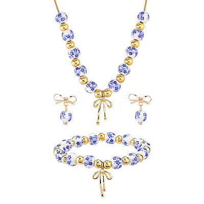Flower Printed Porcelain Bead with Brass Bowknot Dangle Stud Earrings & Charm Bracelet & Pendant Necklaces Sets SJEW-DC00004-1