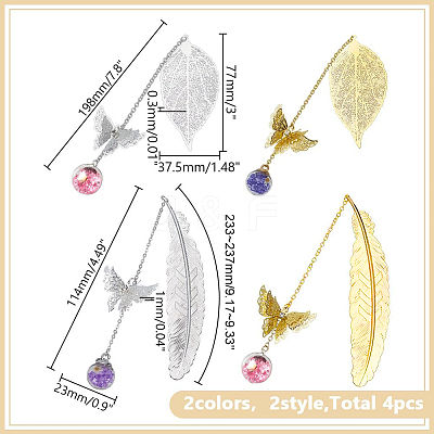 4Pcs 4 Styles Alloy Feather/Leaf Bookmarks AJEW-AR0001-95-1