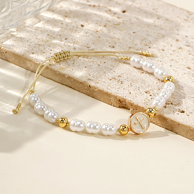 Adjustable Brass Flat Round with Religion Cross & Imitation Pearl Braided Bead Bracelets for Women FT2047-1
