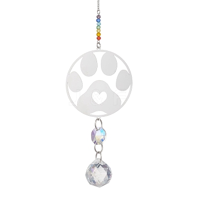 201 Stainless Steel Paw Print Shape & Rainbow Crystal Glass Hanging Suncatcher HJEW-JM04679-1