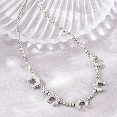 Brass Micro Pave Clear Cubic Zirconia Double Horn and Round Beaded Necklaces KK-CBA4547-06P-1