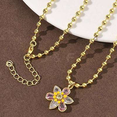 Brass Pave Pink and Clear Cubic Zirconia with Enamel Flower Pendant Ball Chain Necklaces NJEW-G183-04G-1