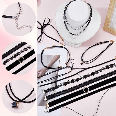 10Pcs 10 Styles Gothic Polyester Lace Choker Necklaces NJEW-SC0001-75-1
